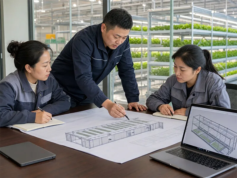 Container farm design engineers reviewing a custom NFT hydroponic growing system layout