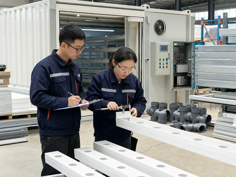 Quality inspectors measuring NFT hydroponic channels during container farm equipment manufacturing