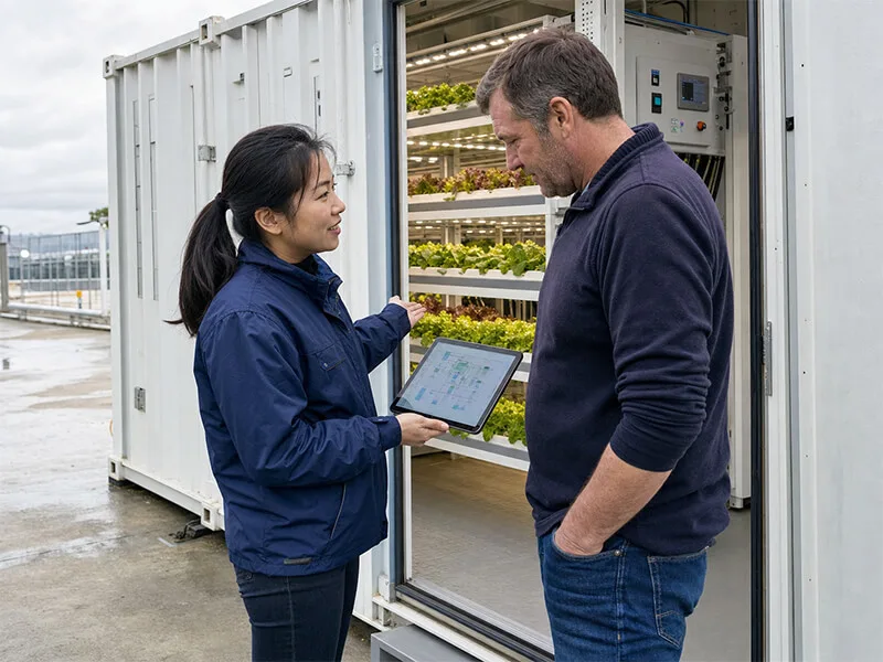 Aurlgrow service engineer explaining container farm operations to an international customer