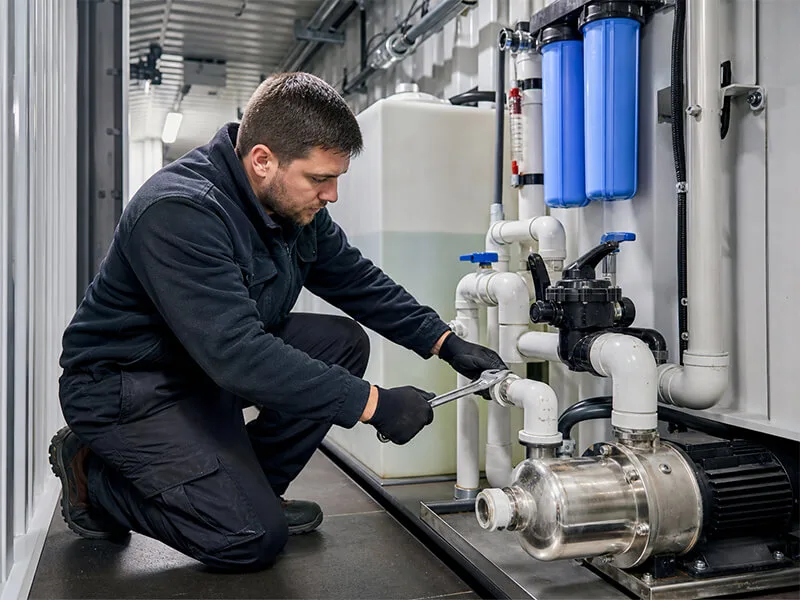 Plumbing equipment check during Aurlgrow container farm production