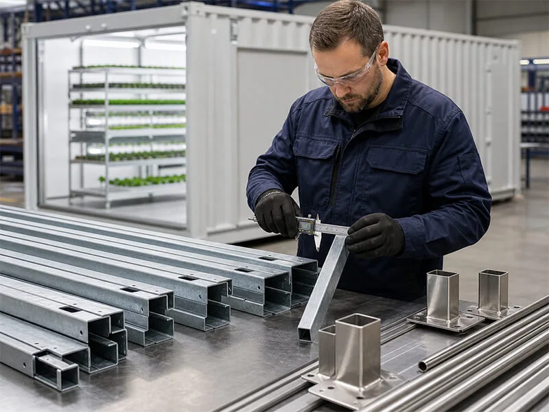 Steel frame inspection during Aurlgrow container farm production