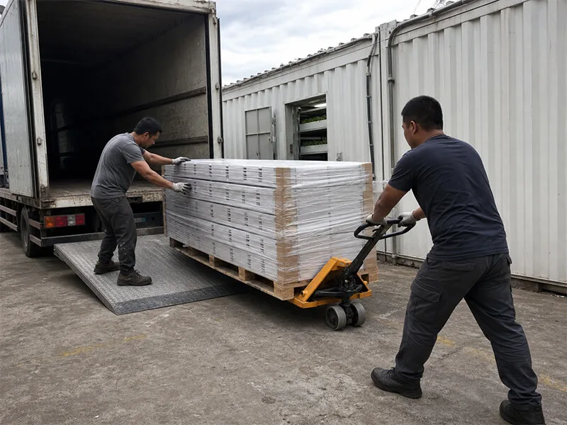 Workers unloading wrapped NFT hydroponic channels with a pallet jack at a container farm